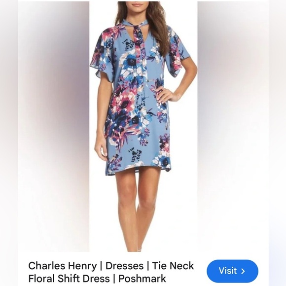 Nordstrom Charles Henry tie neck,floral shift dress. Med,Blue,EC - Picture 1 of 11